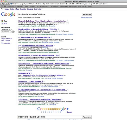 Première page et première ligne de Google pour www.biodiversite.nc